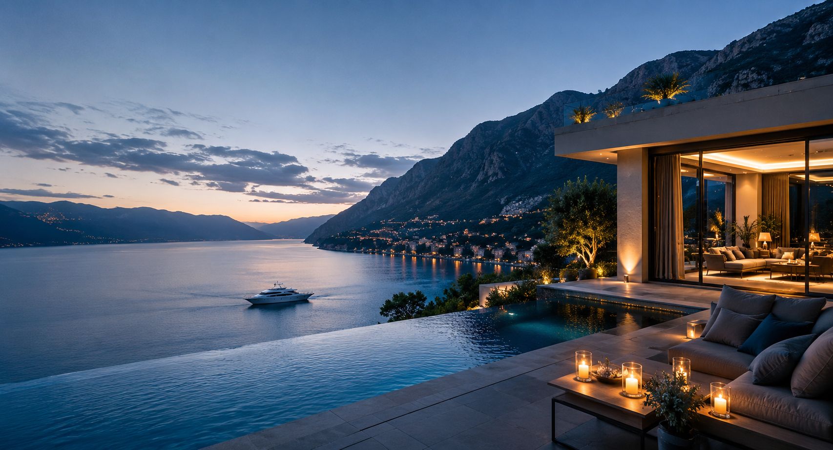 Villa con piscina a sfioro sul lago al tramonto
